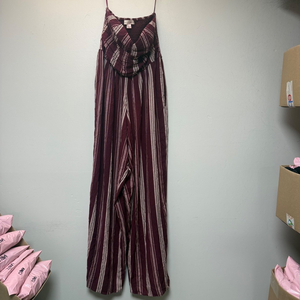 Band of Gypsies Jumpsuit Womens Medium Burgundy Good Striped Wide Leg Boho